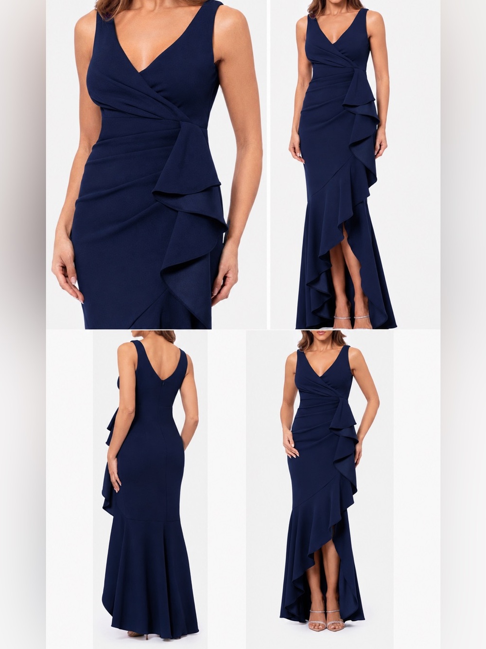 Navy Ruffle V-Neck Evening Dress